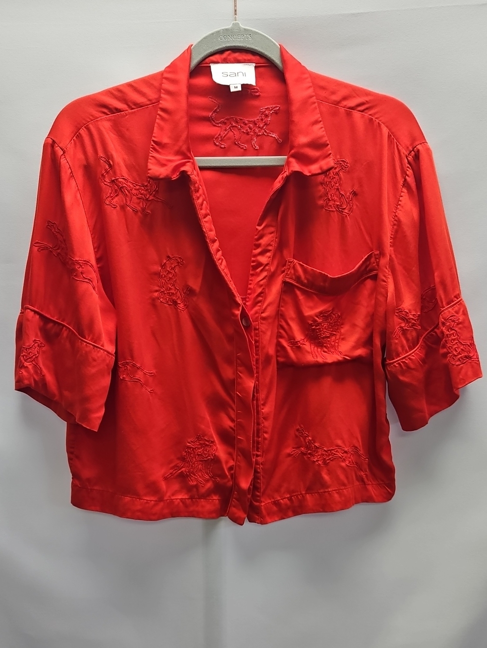 Sani Red Embroidered Viscose Button Front Crop Blouse Medium Boho Resort